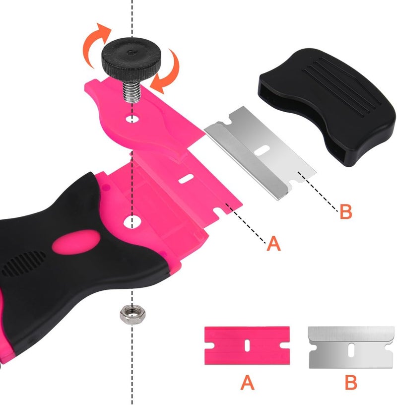 Ainiv Razor Blade Scraper, 2 PCS Razor Scraper Tool with 20PCS Metal Blades and 20PCS Plastic Blades, Multi-funtional Cleaning Razor Scraper for Decals, Stickers, Labels, Caulk, Adhesive Removal(Pink) - Image 4
